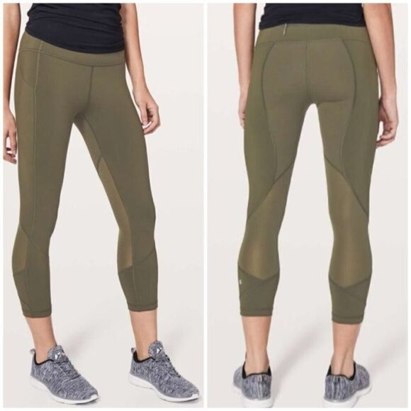 Lululemon Pace Rival Crop Leggings 22" Dark Olive Mid Rise Mesh Stretch Sz 2 - Picture 1 of 16